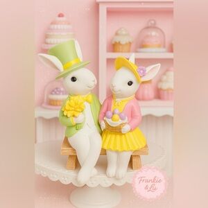 Easter Bunny Couple Figurine Bench Decor Spring Pastel Rabbits 9 Inch NWT